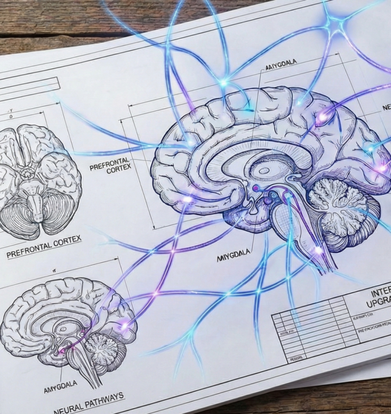 Blueprint of the Internal Operating System Illustration of a brain (Internal operating System) with glowing neural connections on a blueprint background.